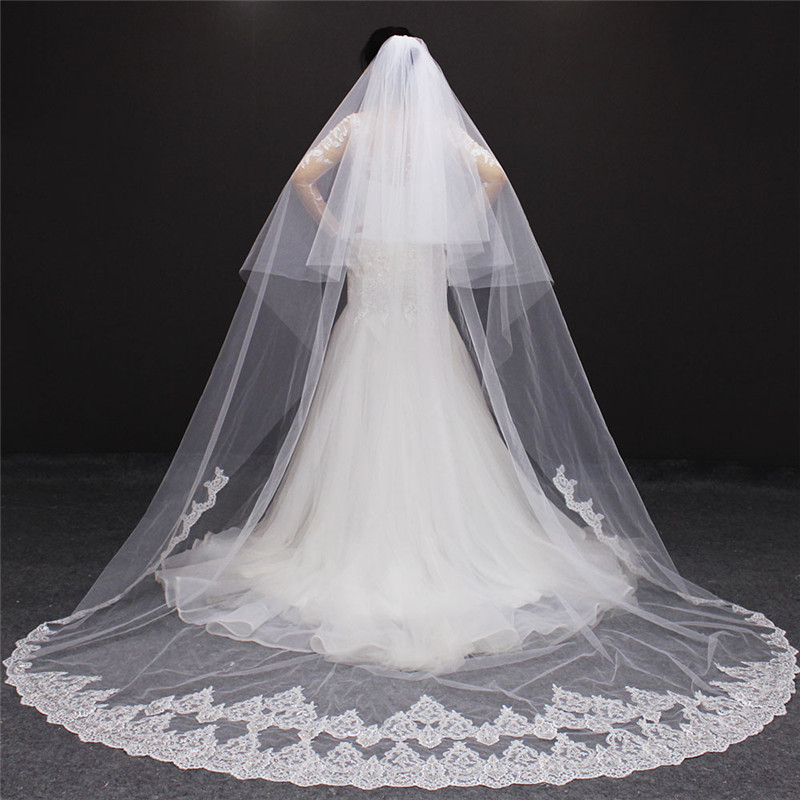 White & Ivory Lace Cathedral Veils