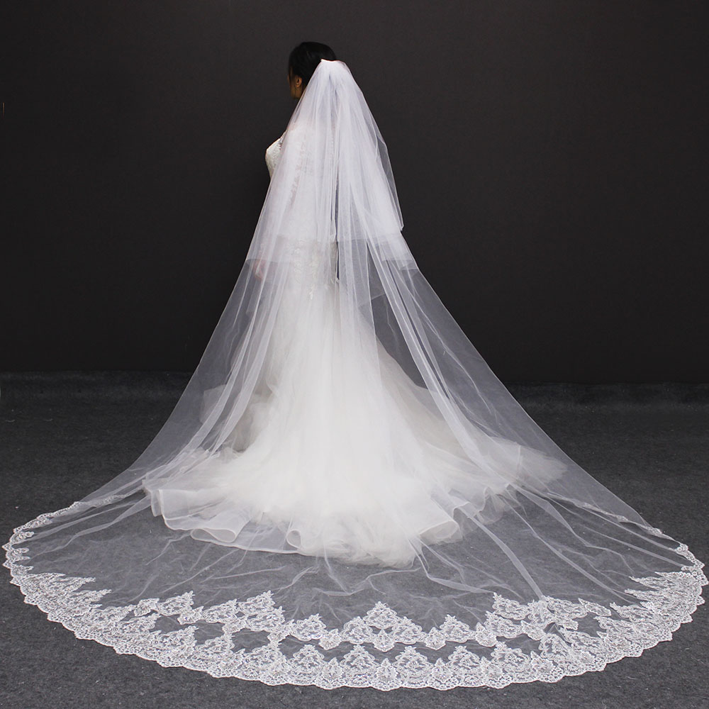 White & Ivory Lace Cathedral Veils