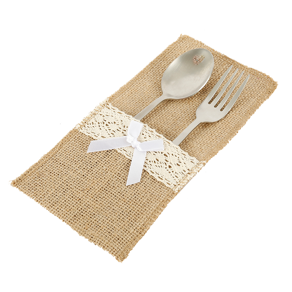20Pcs Burlap Lace Cutlery Pouch