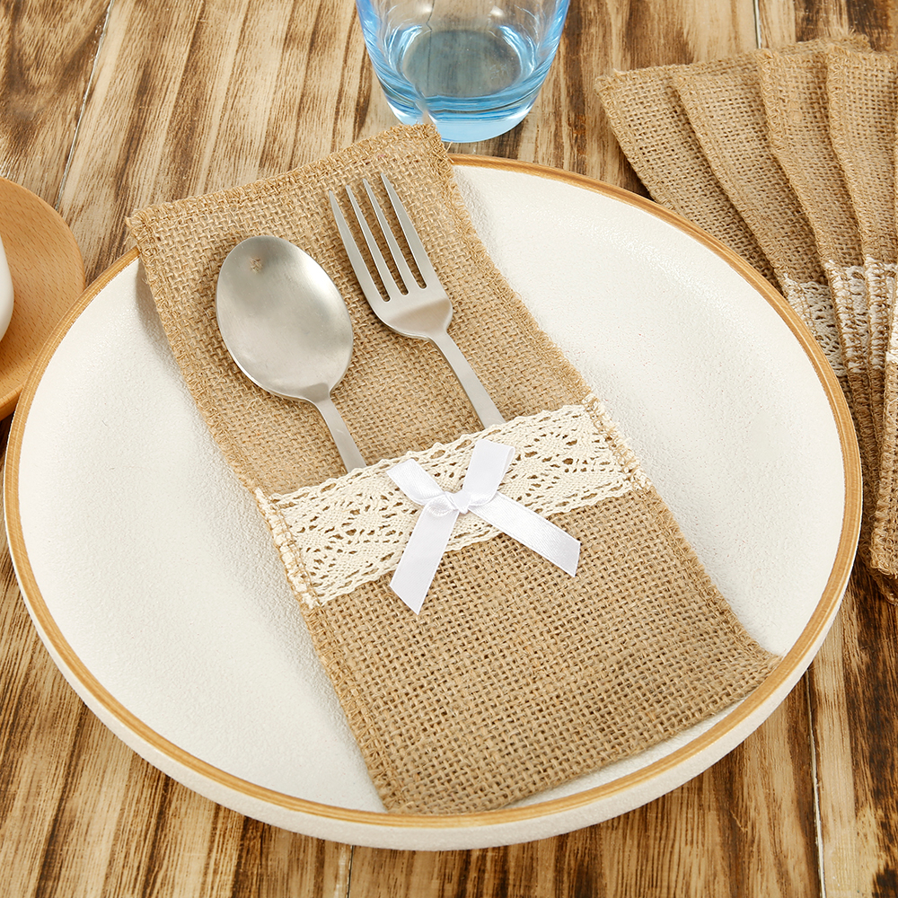 20Pcs Burlap Lace Cutlery Pouch