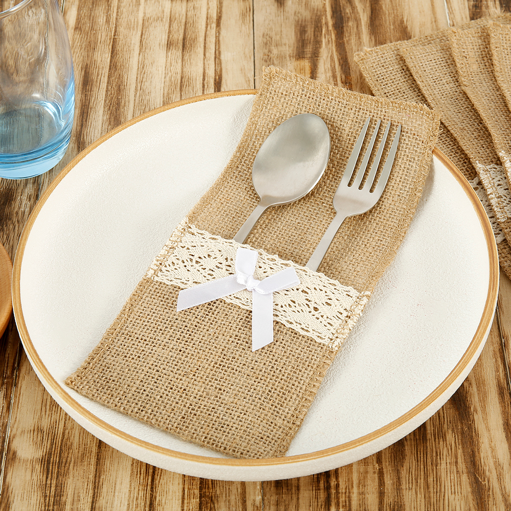 20Pcs Burlap Lace Cutlery Pouch
