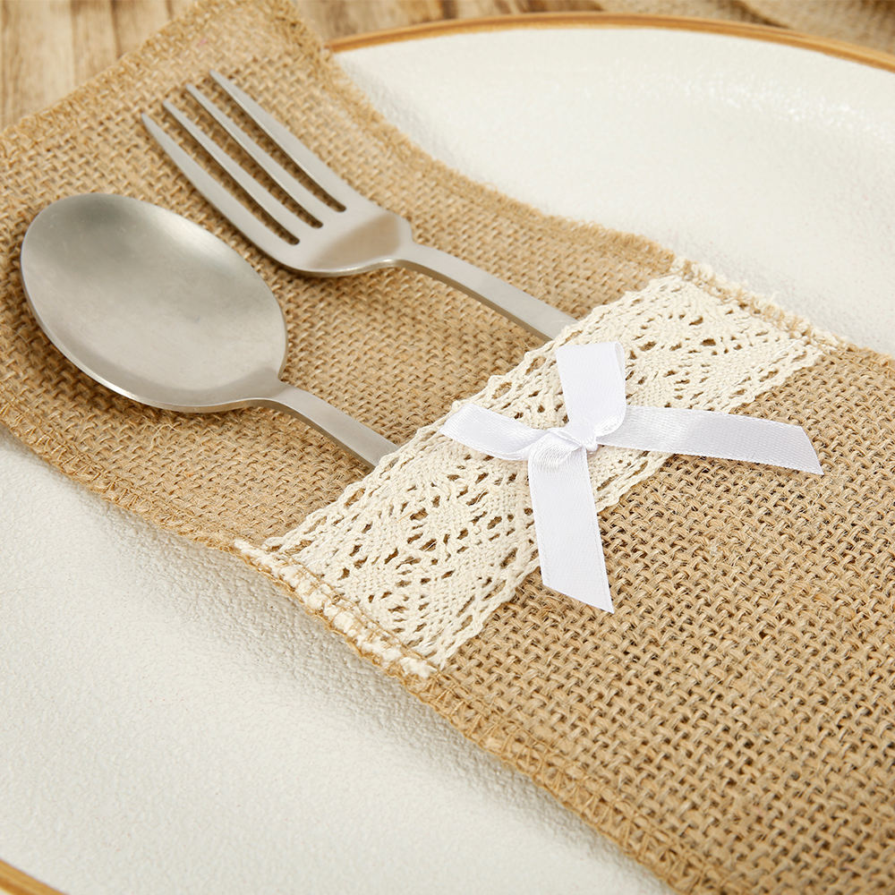 20Pcs Burlap Lace Cutlery Pouch