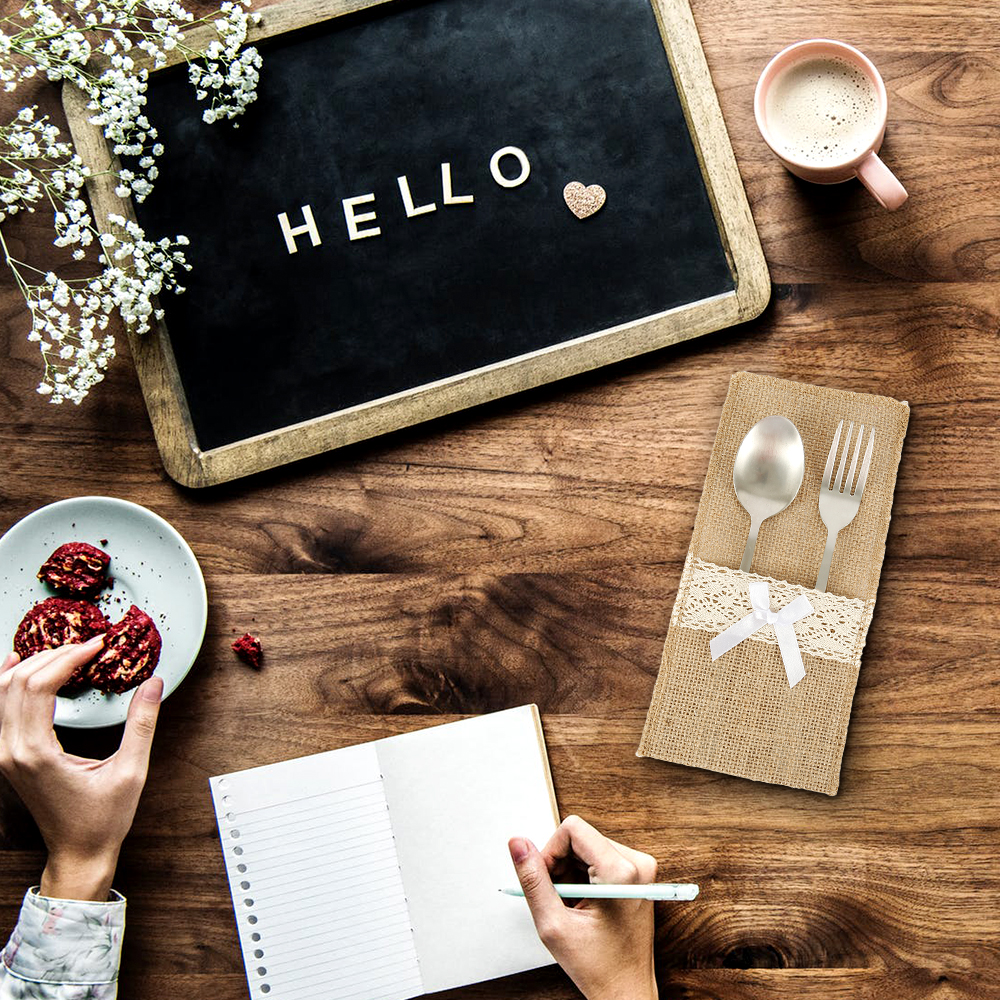 20Pcs Burlap Lace Cutlery Pouch