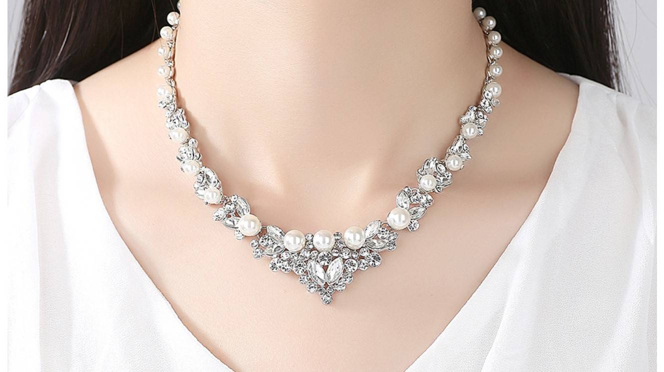 Women's Pearl and Crystal Necklace and Earrings Set