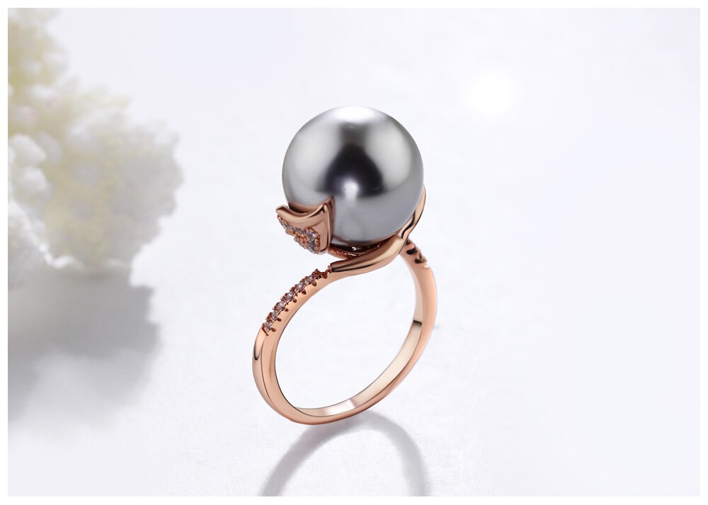 Round Pearl Rhodium / Rose Gold Color Wedding Ring for Women