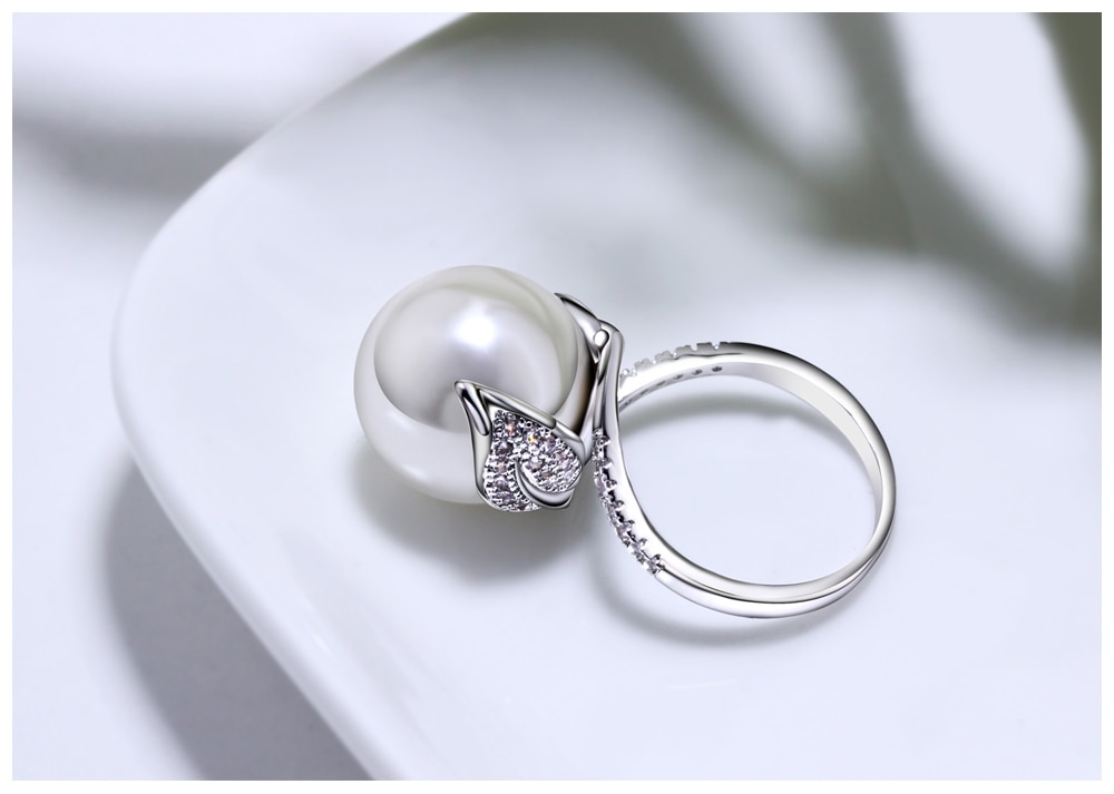 Round Pearl Rhodium / Rose Gold Color Wedding Ring for Women