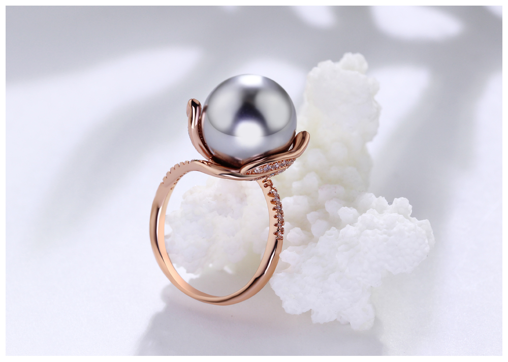 Round Pearl Rhodium / Rose Gold Color Wedding Ring for Women