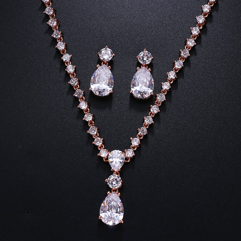Minimalist Cubic Zirconia Women's Wedding Earrings / Necklace Set